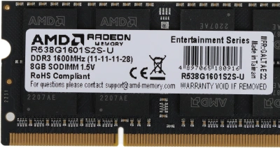 Память DDR3 8Gb 1600MHz AMD R538G1601S2S-U RTL PC3-12800 CL11 SO-DIMM 204-pin 1.5В dual rank Ret