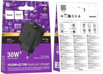 Сетевое зар./устр. Hoco CS84A Excellent PD30W+QC3.0 30W 3A (PD+QC) универсальное черный (64554)