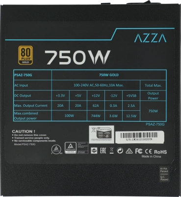 Блок питания Azza ATX 750W PSAZ-750G 80+ gold (20+4pin) APFC 120mm fan 6xSATA Cab Manag RTL