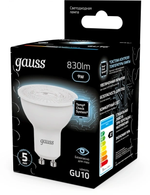 Лампа светодиодная Gauss 101506209 9Вт цок.:GU10 рефлек. 220B св.свеч.бел.нейт. MR16 (упак.:10шт)