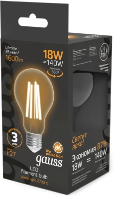 Лампа филам. Gauss Filament 18Вт цок.:E27 груша 220B св.свеч.бел.теп. (упак.:10шт) (102902118)
