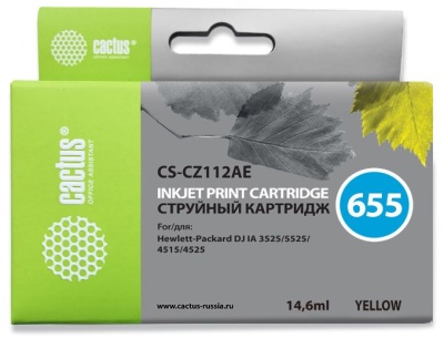 Картридж струйный Cactus CS-CZ112AE №655 желтый (14.6мл) для HP DJ IA 3525/5525/4525 с чипом