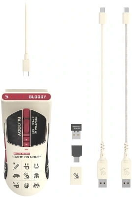 Мышь A4Tech Bloody R72 Ultra Duo белый/красный оптическая 20000dpi беспров. USB/USB-C 7but (R72 ULTRA DUO PIXELS RED)