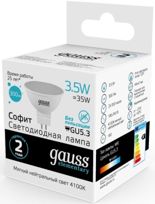 Лампа светодиодная Gauss Elementary MR16 3.5Вт цок.:GU5.3 спот 220B св.свеч.бел.нейт. MR16 (упак.:10шт) (13524)