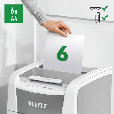 Шредер Leitz IQ Autofeed Small Office 100 P5 белый с автоподачей (секр.P-5) фрагменты 100лист. 34лтр. скрепки скобы пл.карты