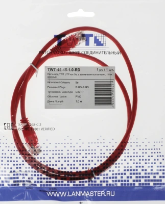 Патч-корд Lanmaster TWT-45-45-1.0-RD UTP RJ-45 вил.-вилка RJ-45 кат.5E 1м красный ПВХ (уп.:1шт)