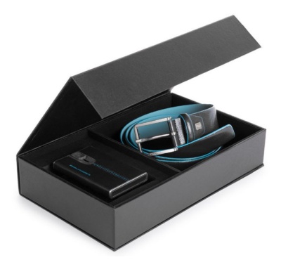 Набор подарочный мужской Piquadro Blue Square CUBOX15B2R/N ремень/чехол для кредитных карт 125х3.5см черный натур.кожа