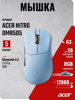 Мышь Acer Nitro OMR505 голубой оптическая 12800dpi беспров. BT/Radio USB 5but (ZL.MCE11.01F)