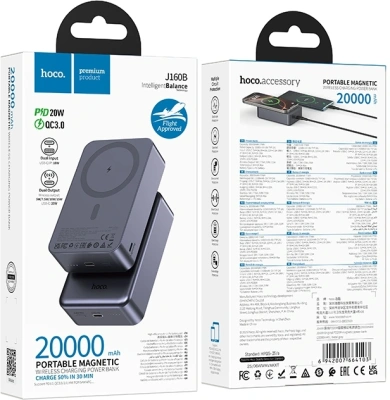 Мобильный аккумулятор Hoco J160 20000mAh 10W 3A беспров.зар. серый (64103)
