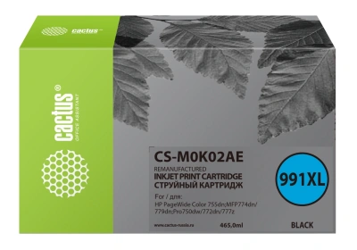 Картридж струйный Cactus CS-M0K02AE 991XL черный пигментный (465мл) для HP PageWide755dn;MFP774dn/779dn;Pro750dw/772dn с чипом