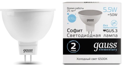 Лампа светодиодная Gauss Elementary MR16 6Вт цок.:GU5.3 спот 220B св.свеч.бел.хол. MR16 (упак.:10шт) (13536)