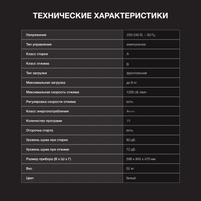 Стиральная машина Hyundai WME8212 класс: A+++ загр.фронтальная макс.:8кг белый инвертор