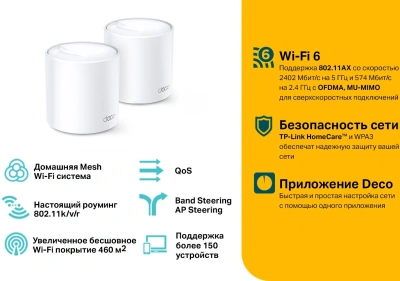 Бесшовный Mesh роутер TP-Link Deco X60(2-Pack) AX5400 10/100/1000BASE-TX белый (упак.:2шт)