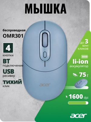 Мышь Acer OMR301 синий оптическая 1600dpi беспров. BT/Radio USB 4but (ZL.MCECC.01S)