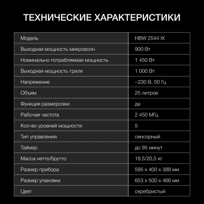 Микроволновая печь Hyundai HBW 2544 IX 25л. 900Вт серебристый (встраиваемая)
