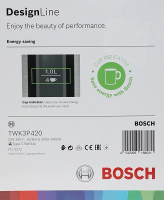 Чайник электрический Bosch TWK3P 1.7л. 2400Вт нержавеющая сталь корпус: нерж.сталь/пластик (TWK3P420)