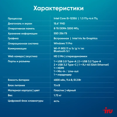 Ноутбук IRU Tactio 15ALG Core i5 1235U 8Gb SSD256Gb Intel Iris Xe graphics 15.6" IPS FHD (1920x1080) Windows 11 Pro 64 black WiFi BT Cam 4500mAh (2044618)