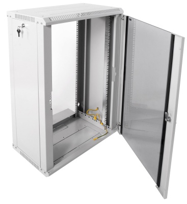 Шкаф коммутационный ЦМО ШРН-ЭКОНОМ (ШРН-Э-18.350) настенный 18U 600x350мм пер.дв.стекл направл.под закл.гайки 85кг серый 300мм 22.14кг 180град. 878мм IP20 сталь