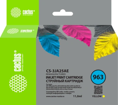 Картридж струйный Cactus CS-3JA25AE 963 желт.пигм. (11мл) для HP OfficeJet 9010/9012/9013/9014/9015/9016/9019/9020/9025 с чипом