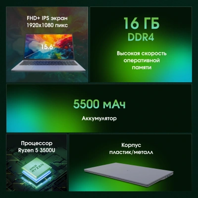 Ноутбук Digma Pro Cursus Ryzen 5 3500U 16Gb SSD512Gb AMD Radeon Vega 8 15.6" IPS FHD (1920x1080) Windows 11 Pro grey WiFi BT Cam 5500mAh (DN15R5-ADXW10)