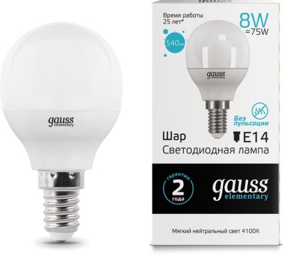 Лампа светодиодная Gauss Elementary 8Вт цок.:E14 шар 220B св.свеч.бел.нейт. P45 (упак.:10шт) (53128)