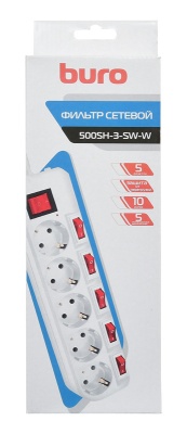 Сетевой фильтр Buro 500SH-3-SW-W 3м (5 розеток) белый (коробка)