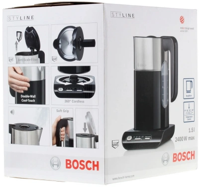 Чайник электрический Bosch TWK8613P 1.5л. 2400Вт черный/серебристый корпус: пластик/металл