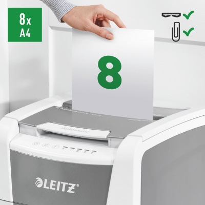 Шредер Leitz IQ Autofeed Office 150 P4 белый с автоподачей (секр.P-4) фрагменты 150лист. 44лтр. скрепки скобы пл.карты