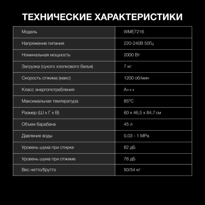 Стиральная машина Hyundai WME7216 класс: A+++ загр.фронтальная макс.:7кг белый инвертор