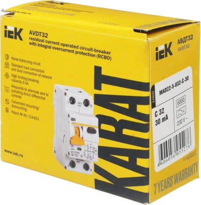 Выключатель автом. дифф. тока IEK MAD22-5-032-C-30 АВДТ 32 32A тип C 6kA 30мА A 1П+Н 230В 2мод белый (упак.:1шт)