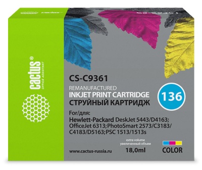 Картридж струйный Cactus CS-C9361 №136 многоцветный (18мл) для HP DJ 5443/D4163/DJ 6313/PS 2573/C3183/C4183/D5163/1513/1513s с чипом
