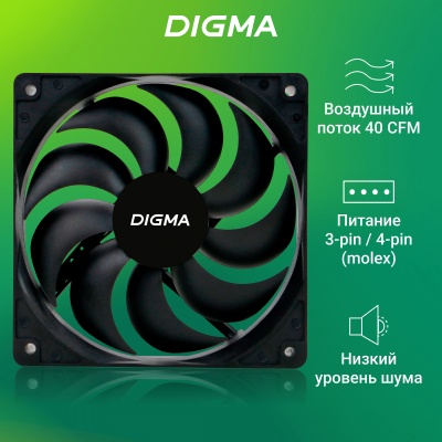 Вентилятор для корпуса Digma DFAN-120-9 120х120x25 черный 3-pin 4-pin (Molex) 23дБ (упак.:1шт) Ret