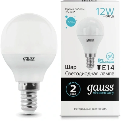 Лампа светодиодная Gauss Globe Elementary 12Вт цок.:E14 шар 220B св.свеч.бел.нейт. P45 (упак.:1шт) (53122)