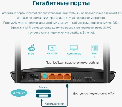 Роутер беспроводной TP-Link Archer MR500 AC1200 10/100/1000BASE-TX/4G cat.6 черный