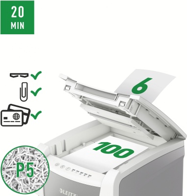 Шредер Leitz IQ Autofeed Small Office 100 P5 белый с автоподачей (секр.P-5) фрагменты 100лист. 34лтр. скрепки скобы пл.карты