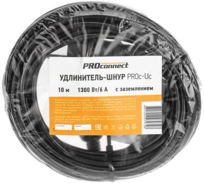 Удлинитель силовой PROconnect PROc-Uc (13-4909) 3x0.75кв.мм 1розет. 10м ПВС 6A без катушки черный