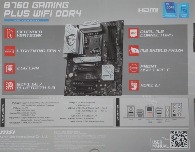 Материнская плата MSI B760 GAMING PLUS WIFI DDR4 Soc-1700 Intel B760 4xDDR4 ATX AC`97 8ch(7.1) 2.5Gg+HDMI+DP