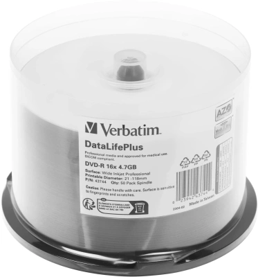 Диск DVD-R Verbatim 4.7Gb 16x Cake Box (50шт) Printable (43744)