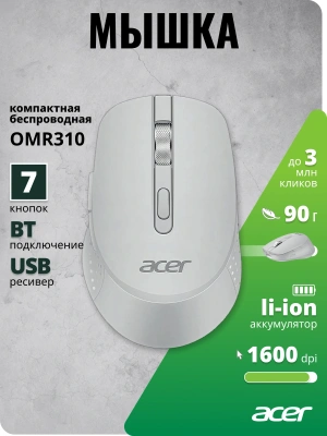 Мышь Acer OMR310 светло-серый оптическая 1600dpi беспров. BT/Radio USB 7but (ZL.MCECC.033)