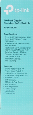 Коммутатор TP-Link TL-SG1210MP 9x1Гбит/с 1xКомбо(1000BASE-T/SFP) 8PoE+ 123W неуправляемый