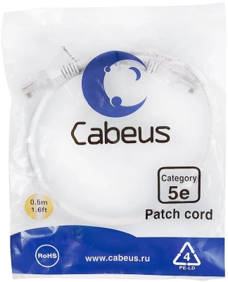 Патч-корд Cabeus PC-UTP-RJ45-CAT.5E-0.5M-WH U/UTP RJ-45 вил.-вилка RJ-45 кат.5E 0.5м белый ПВХ