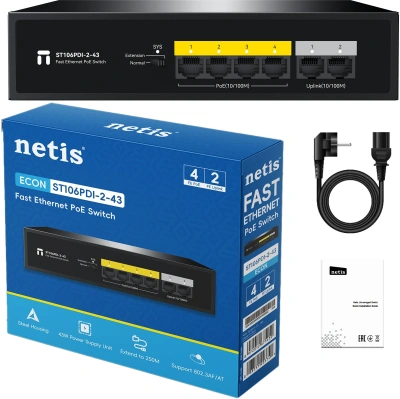 Коммутатор Netis ST106PDI-2-43 (L2) 6x100Мбит/с 4PoE 38W неуправляемый