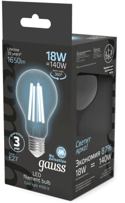 Лампа филам. Gauss Filament 18Вт цок.:E27 груша 220B св.свеч.бел.нейт. (упак.:10шт) (102902218)