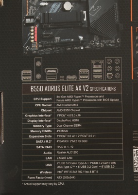 Материнская плата Gigabyte B550 AORUS ELITE AX V2 Soc-AM4 AMD B550 4xDDR4 ATX AC`97 8ch(7.1) 2.5Gg RAID+HDMI+DP
