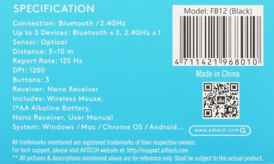 Мышь A4Tech Fstyler FB12 черный оптическая 1200dpi беспров. BT/Radio USB 3but (FB12 BLACK)