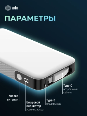 Мобильный аккумулятор Cactus CS-PBFSPA-10000 10000mAh 22.5W 4.5A 2xUSB-C белый