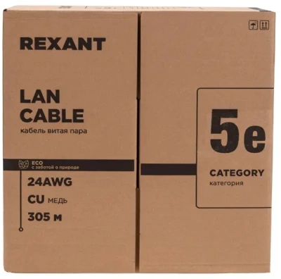 Кабель информационный Rexant 01-0041-R кат.5E U/UTP 4 пары 24AWG PVC внутренний 305м серый