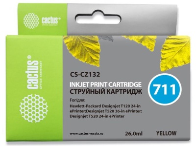 Картридж струйный Cactus CS-CZ132 №711 желтый (26мл) для HP DJ T120/T520/530 с чипом