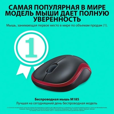 Мышь Logitech M185 черный/красный оптическая 1000dpi беспров. USB для ноутбука 2but (910-002633)