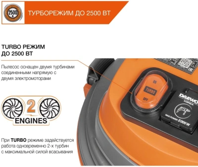 Строительный пылесос Daewoo DAVC 6025S 2500Вт (уборка: сухая/сбор воды/выдув) оранжевый